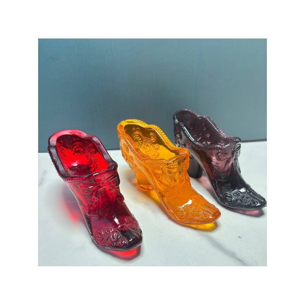 Vintage Glass Slipper Shoe Lot 3 Cat Head Boot Ruby Red Orange Amethyst 4 inch